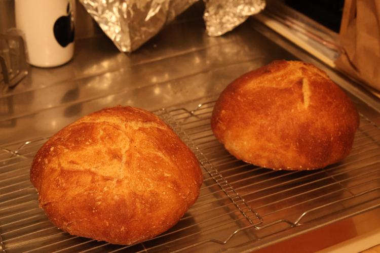 Two loaves of bread, on racks to cool.