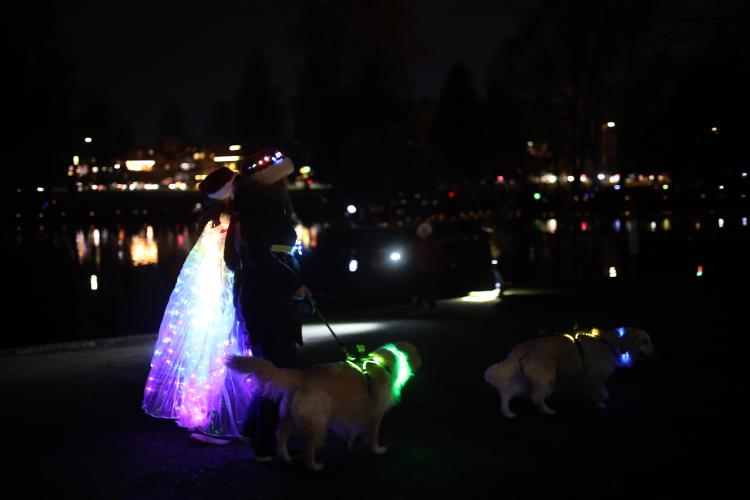 Two people walking their dog by Green Lake, one with a colorful lit cape, the dog with a glowing collar.
